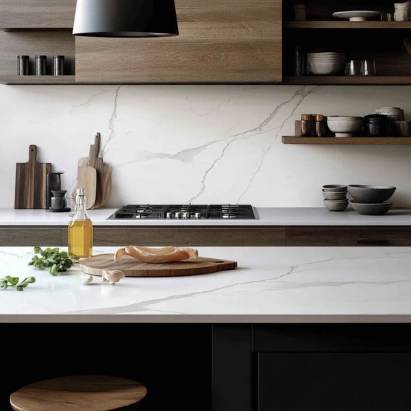 Porcelain Slab Backsplash with Quartz Countertops