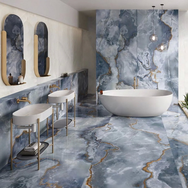 Blue install Porcelain Slab Shower Wall