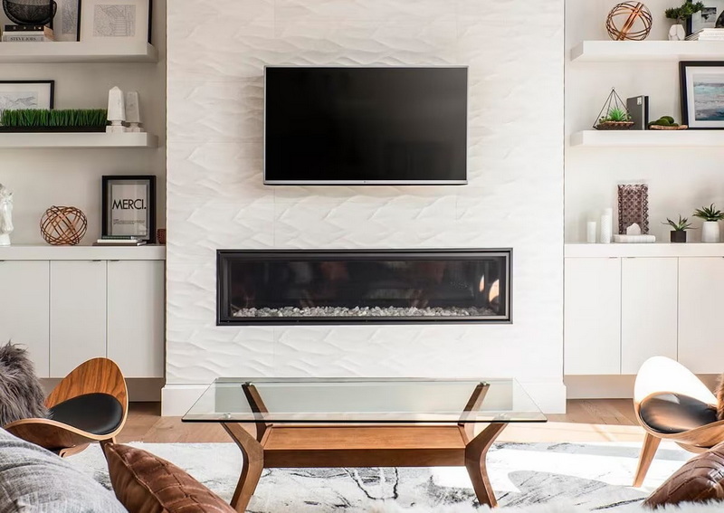 Living room with fireplace wave tiles