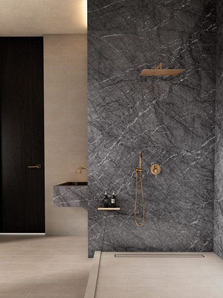 porcelain Grey slab shower wall