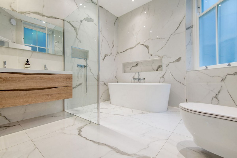 white marble effect slabs bathroom