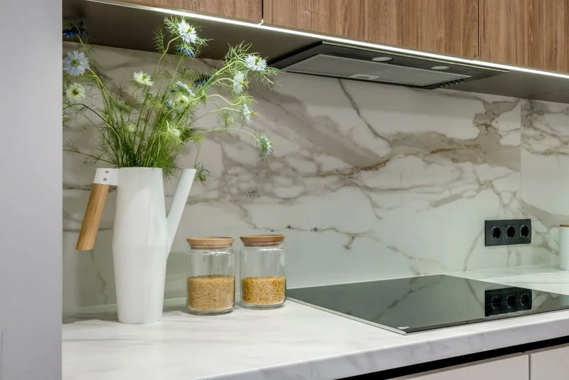 Kitchen with Marble Backsplash